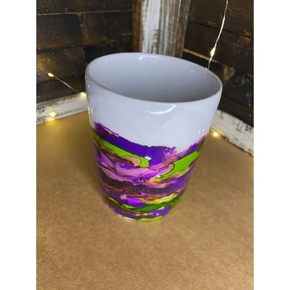 Coffee Tea Cup Mug Handmade Purple Green Gold Abstract Painted 4.5 X 3.5 in